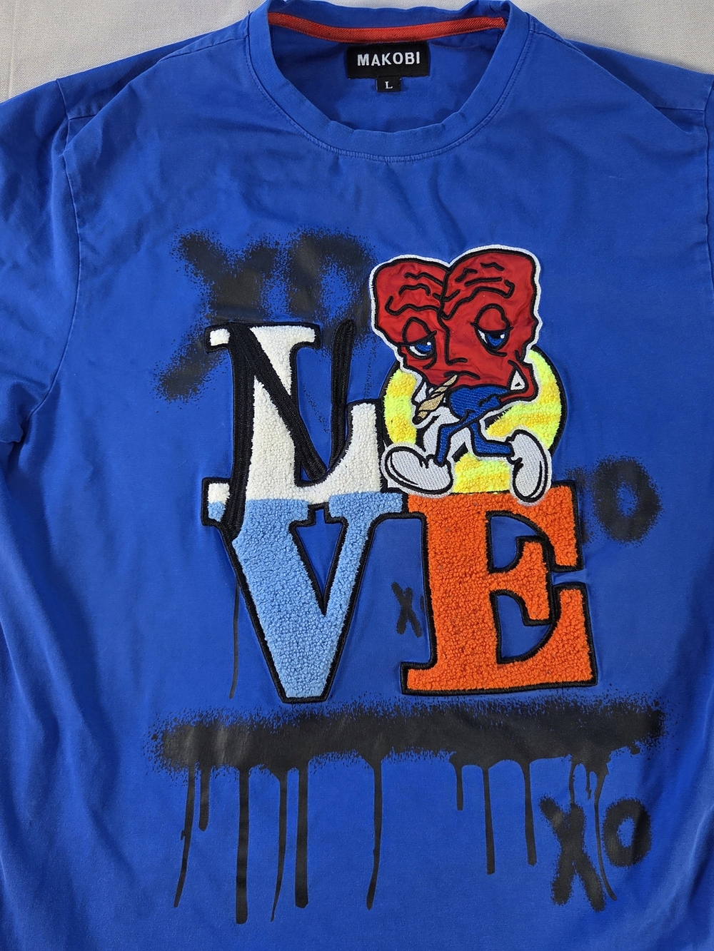 Makobi Love Graphic T Shirt Mens Large Blue Chenille Embroidered Streetwear